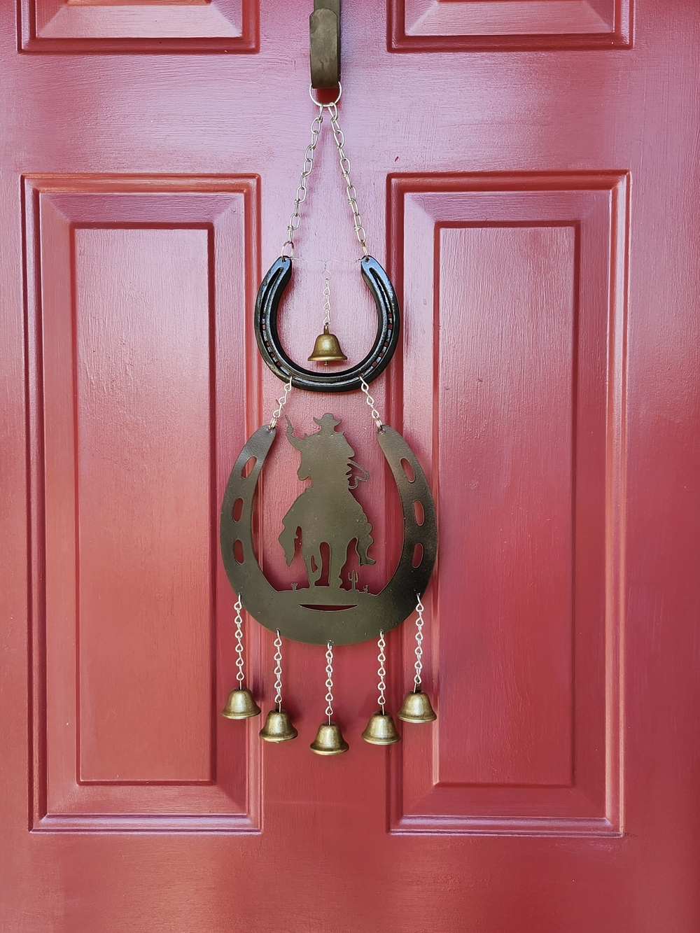 Wind Chime Custom Rustic Black Cowboy Horseshoe Wind Chime Hanger with Bells